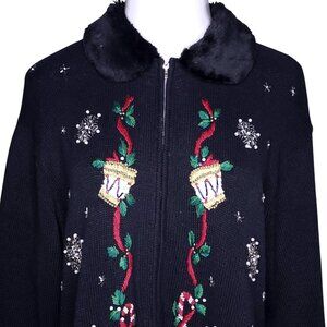 Vintage Vj Woman Christmas Sweater 1X Faux Fur Collar Embroidered Nutcracker